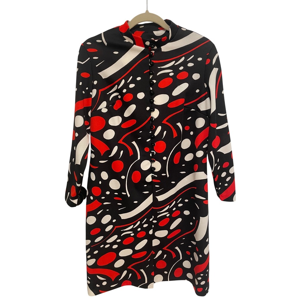 Vintage Shift Dress Mod Print Mock Neck Button Front Red Black White